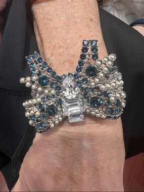 Miu Miu Teal Crystal Bow Bracelet with Faux Pearls new